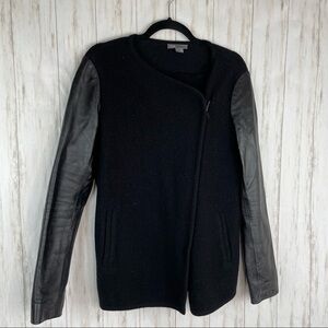 Vince leather wool black asymmetrical zip jacket